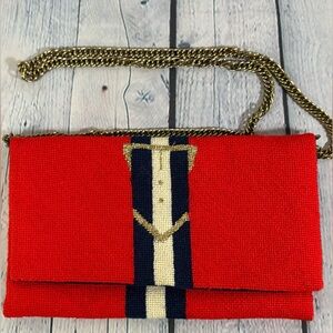 Vintage Needlepoint Navy Red Gold 80s Nautical Wool Silk Lined Clutch Purse